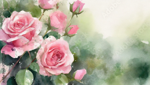 Pink rose flowers in a garden  copy space on a side  watercolor art style