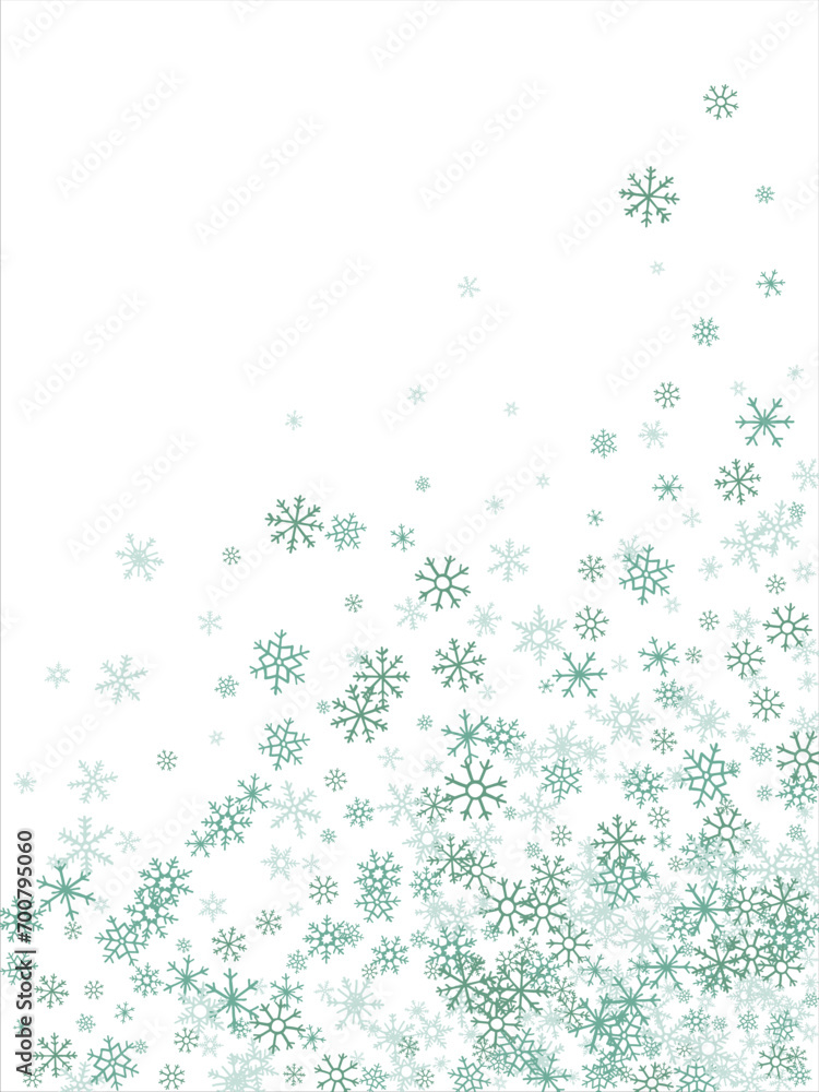 winter snow with blue snowflakes on a white background. Festive Christmas banner, New Year card. Symbols of frosty winter. Vector illustration.