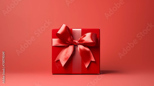 A red box with a bow on a red background with a white stripe and a red ribbon on the top © junaid