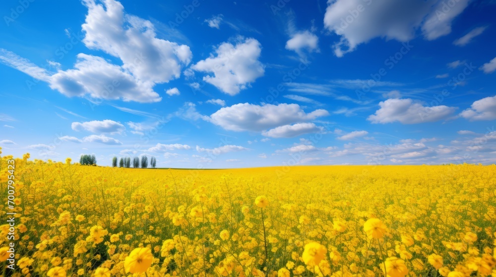 Obraz premium Vibrant wildflower meadow beneath clear blue sky - nature's colorful landscape