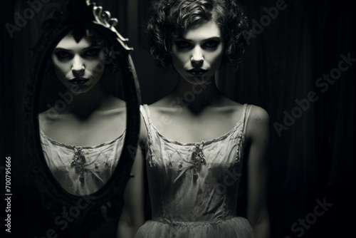 Horror, fantasy, states of mind, psychology concept. Scary looking woman portrait reflection in mirror. Black and white image