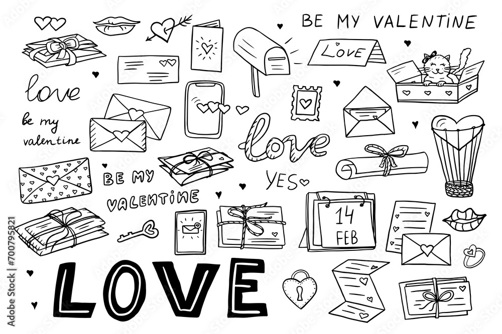 Big set of love letters, envelopes with heart icons. Good for valentine's day cards, posters, wrapping and design. Hand drawn. Doodle style Big set of love letters, envelopes with heart icons. Good for valentine's day cards, posters, wrapping and design. Hand drawn. Doodle style