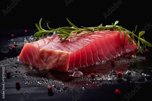 Raw tuna fish fillet with rosemary and spices on black background. Raw steak