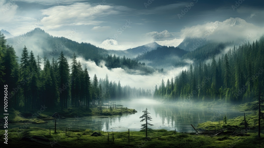 Landscape of mountain river stream with green forest and fog