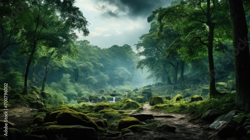 wet green forest with mist landscape in the mountains