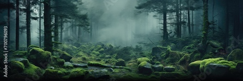 panoramic landscape banner of green mountain forest with mist