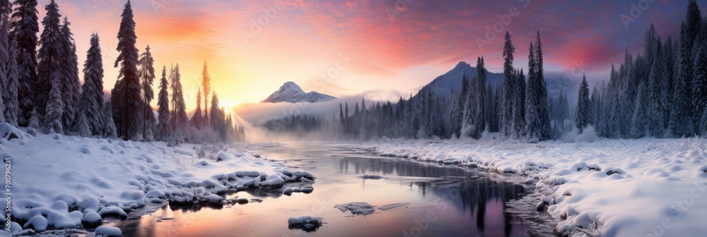 snowy mountains with river panorama cover banner in winter with snow and ice