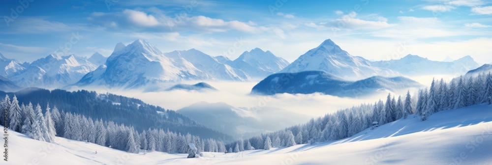 rocky mountain range in winter with high peaks with snow