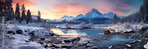 horizontal banner cover of snowy mountain range in winter with frozen river