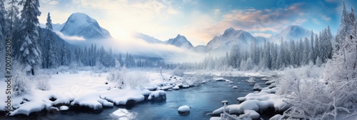 snowy mountains with river panorama cover banner in winter with snow and ice