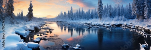 snowy mountains with river panorama cover banner in winter with snow and ice © Barosanu