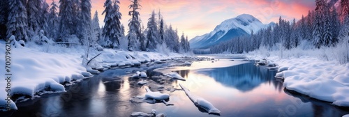 snowy mountains with river panorama cover banner in winter with snow and ice