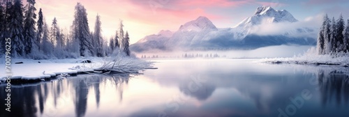 horizontal banner cover of snowy mountain range in winter with frozen river © Barosanu