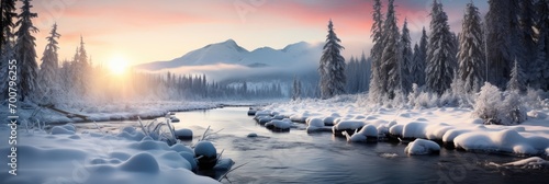 horizontal banner cover of snowy mountain range in winter with frozen river