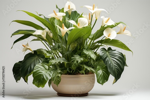 Beautiful white calla lily flowers in pot on gray background