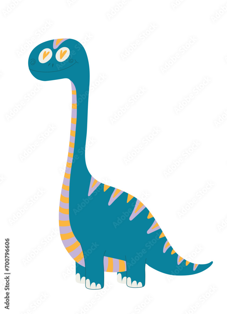 Cute bright dinosaur smiles. Ancient animal in cartoon style isolated on white background. decoration of children's room, objects and textiles. vector illustration. Hand drawing.