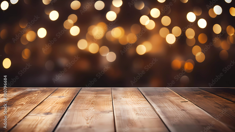 A wooden table with a blurry background of lights in the background of the table top and the floor A wooden table with a blurry background of lights in the background of the table top and the floor
