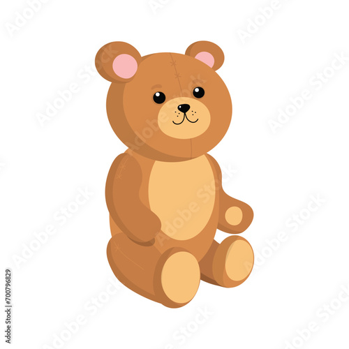 Cute toy bear. A smiling teddy bear sits on the floor. Soft cartoon toy Teddy Bear brown. Teddy bear. Vector illustration on white background