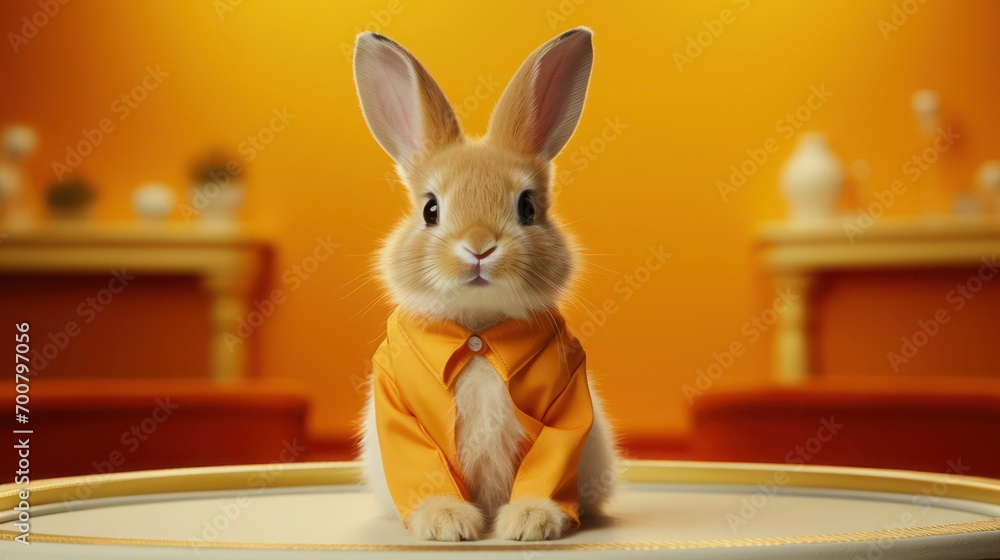 cute bunny on the yellow floral background. animal in fashion suit. Big rabbit ears. Illustration. Generative AI