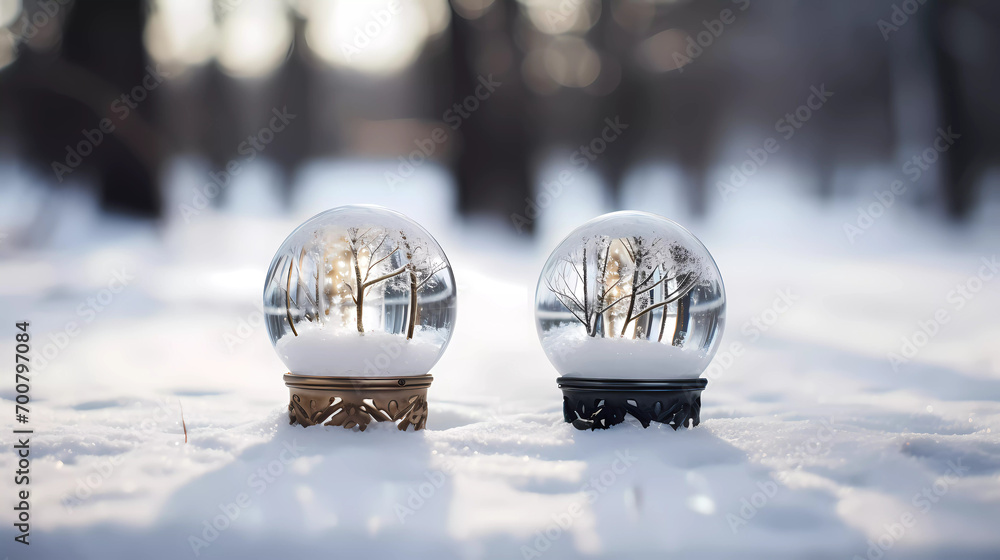 Two snow globes sitting on a snowy surface in the snow with a blurry background of trees and snow - obrazy, fototapety, plakaty 