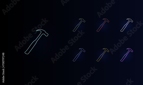 A set of neon hammer symbols. Set of different color symbols, faint neon glow. Vector illustration on black background