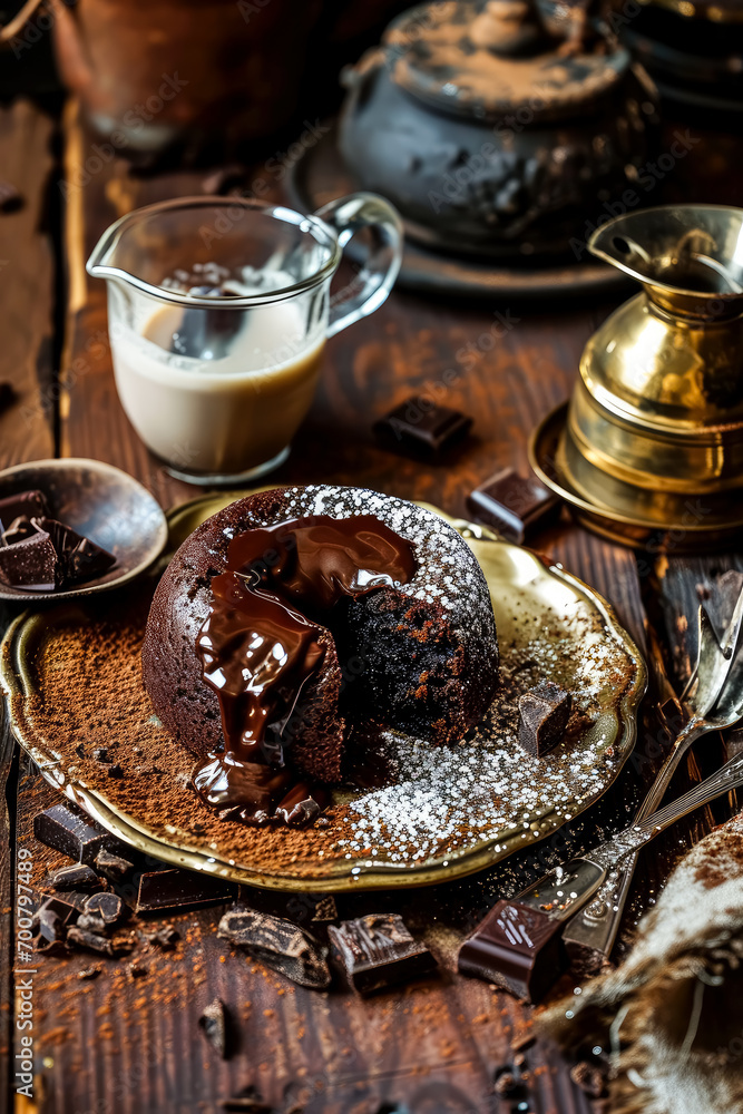 Chocolate Lava Cake with ganache liquid pored onto it. chocolate pouring out when sliced open, 24k carat gold plate with large glass of cholate milk and perfectly placed utensils. Chocolate Lava Cake with ganache liquid pored onto it. chocolate pouring out when sliced open, 24k carat gold plate with large glass of cholate milk and perfectly placed utensils.