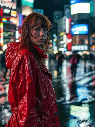 Portrait of a redhead woman in a red raincoat, at a bustling crosswalk in shibuya at night, Cinematic, reflections on wet street.
