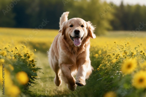 Golden retriever running in a meadow