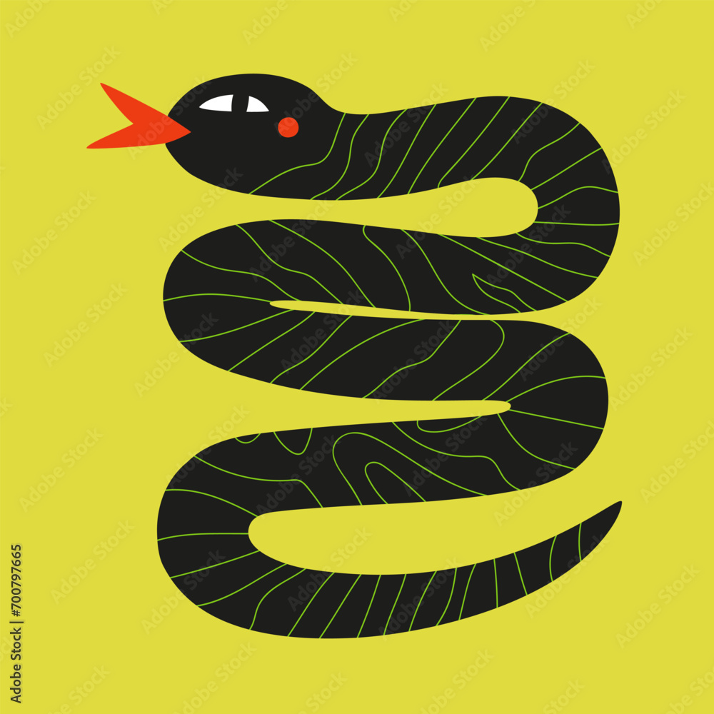 Obraz premium Vector New Year 2025 illustration with green tree snake. Funny print design with animal