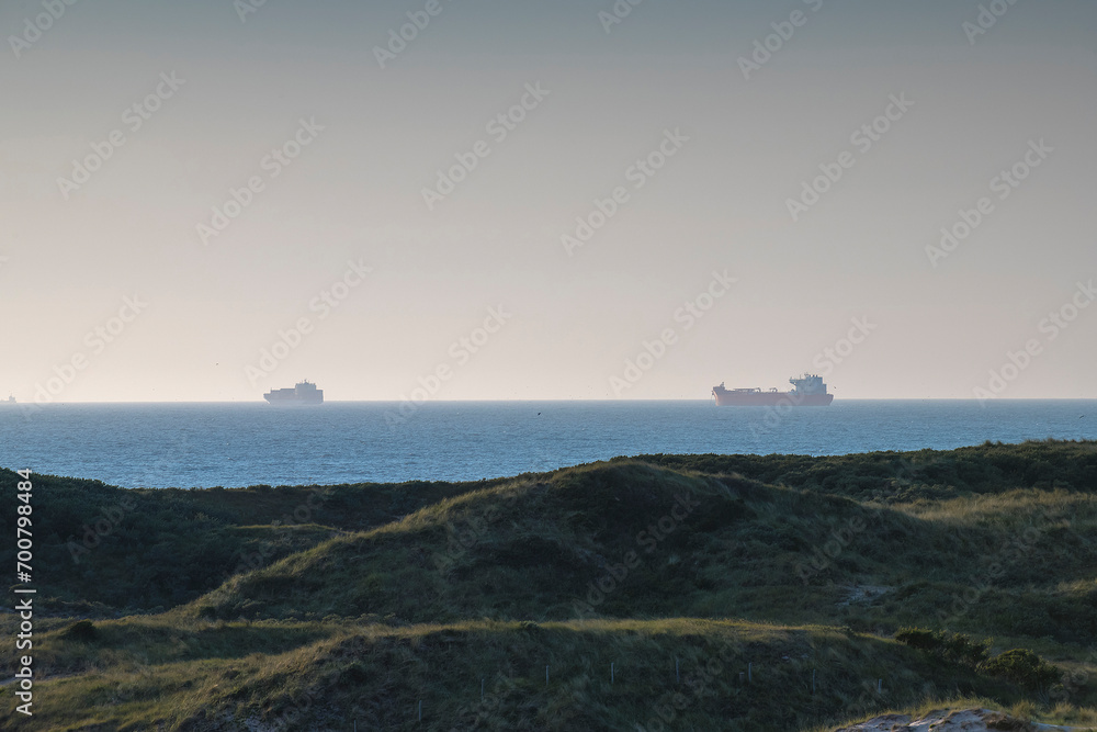 View on a dune landscape with two ships at anchorage in the horizon