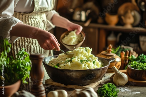 Saint Patrick's day: chef in an apron meticulously preparing colcannon, a traditional Irish dish