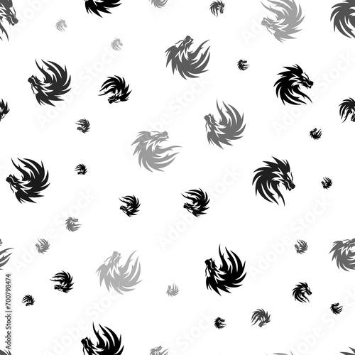 Seamless vector pattern with dragon's head symbols, creating a creative monochrome background with rotated elements. Illustration on transparent background
