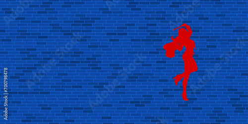 Blue Brick Wall with large red enchantress symbol. The symbol is located on the right, on the left there is empty space for your content. Vector illustration on blue background