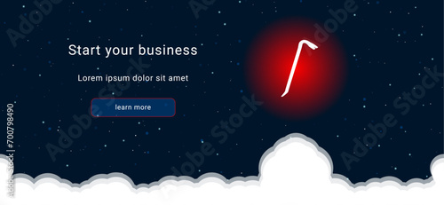 Business startup concept Landing page screen. The crowbar symbol on the right is highlighted in bright red. Vector illustration on dark blue background with stars and curly clouds from below