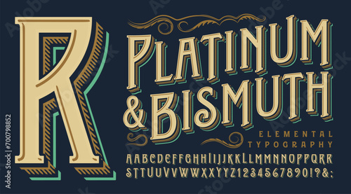 Platinum and Bismuth is an antique, yet modern, lettering style; a good choice for book titling or classy branding or banners. All capitals alphabet with ornate details and 3d layering.