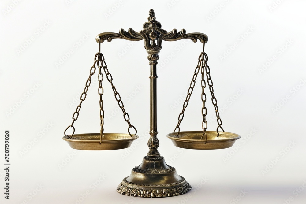 A balance scale, perfectly centered, with equal weights on both sides, signifying fairness, on a clean, white background A balance scale, perfectly centered, with equal weights on both sides, signifying fairness, on a clean, white background