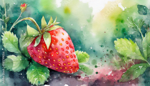 Fresh red strawberry fruit in a garden, copy space on a side, watercolor art style