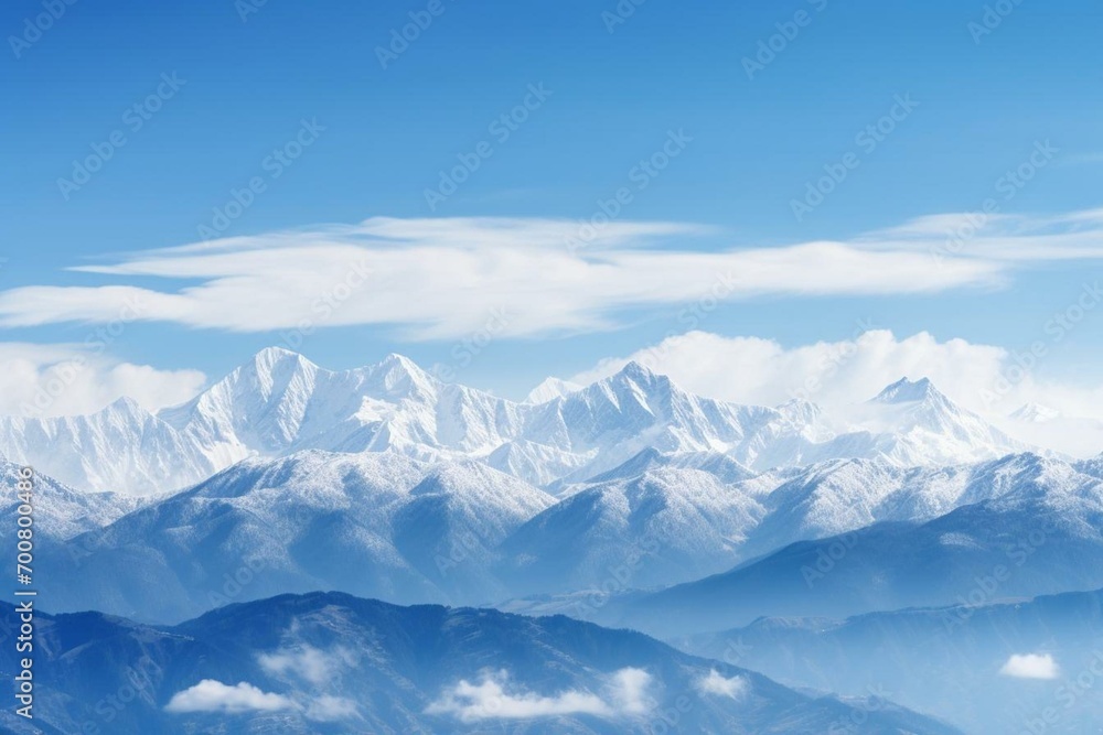 Clear sky reveals snow-covered mountains towering vertically. Generative AI