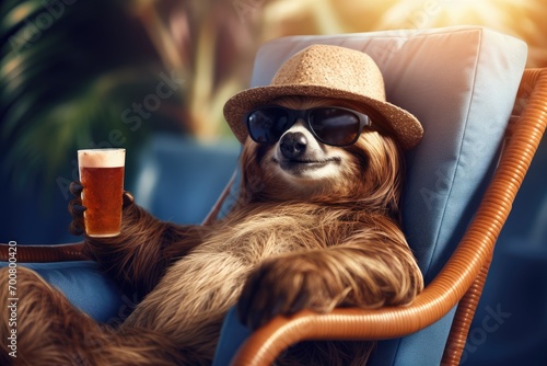 Sloth in sunglasses relaxing on a sun lounger with a drink, tropical plants background photo