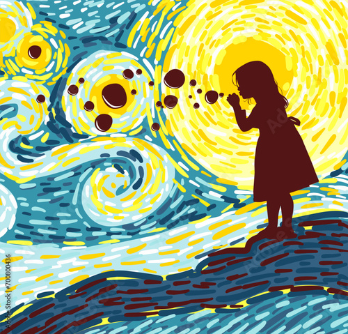 Little girl blowing soap bubbles. Abstract background based on paintings by Van Gogh. hand drawing. Not AI, Vector illustration