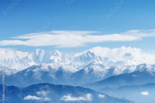 Clear sky reveals snow-covered mountains towering vertically. Generative AI