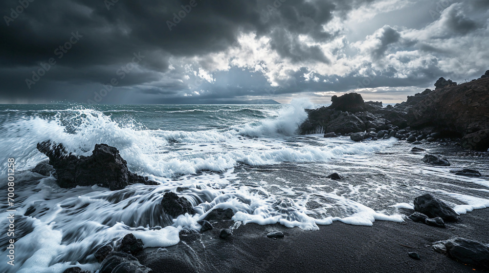 Black sand beach, dramatic gray clouds overhead, powerful waves crashing against volcanic rocks Black sand beach, dramatic gray clouds overhead, powerful waves crashing against volcanic rocks