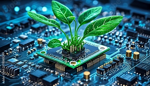 Green electronics. Plant sprouts on a microchip processor. Green technology. Environmental friendly technology and plants. Generative AI photo