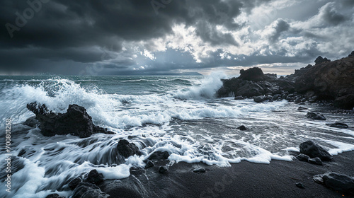 Black sand beach, dramatic gray clouds overhead, powerful waves crashing against volcanic rocks