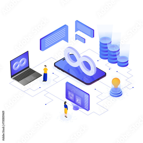 Isometric flat illustration of devops, development process