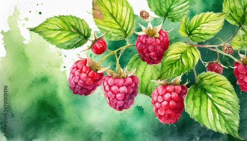 Branch of ripe raspberries in a garden. Watercolor art style