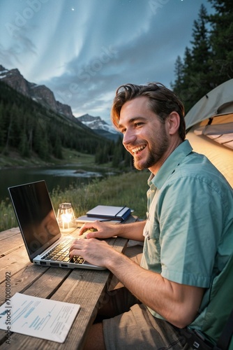 vertical photo of a remote working professional freelancer in nature camping and enjoying the freedom of working anywhere on laptop with work life balance