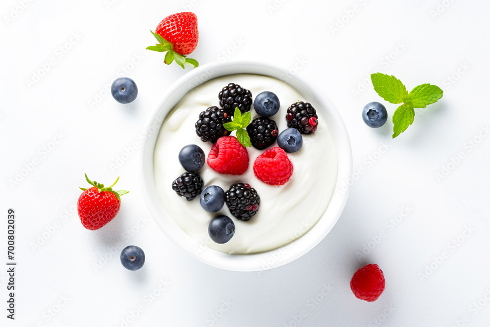 Top view of a bowl of yogurt and berries. Top view of a bowl of yogurt and berries.