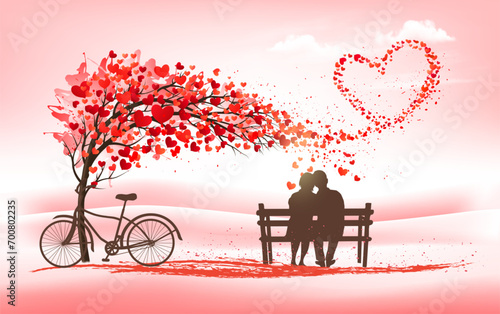 A Pink Holiday Valentine's Day background. Tree with heart-shaped leaves and bike with couple in love. Vector