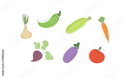 Set of vegetables. Onion, pepper, tomato, beet, zucchini, carrot, eggplant. Line art. Vector illustration. 